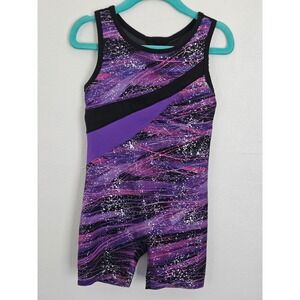 Danskin Now Girls Purple Galaxy Print Mesh Back Gymnastics Biketard Size XS 4-5